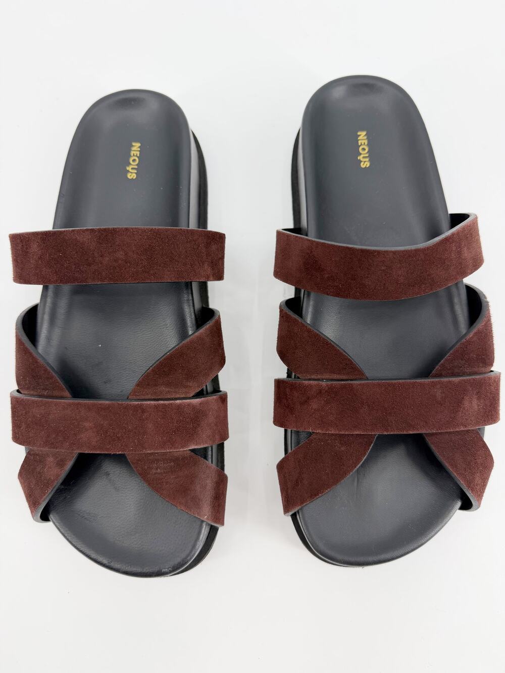 Neous Ibor Brown Suede Black Molded Footbed Slide Flat Sandals Size 37 EU 6.5 7